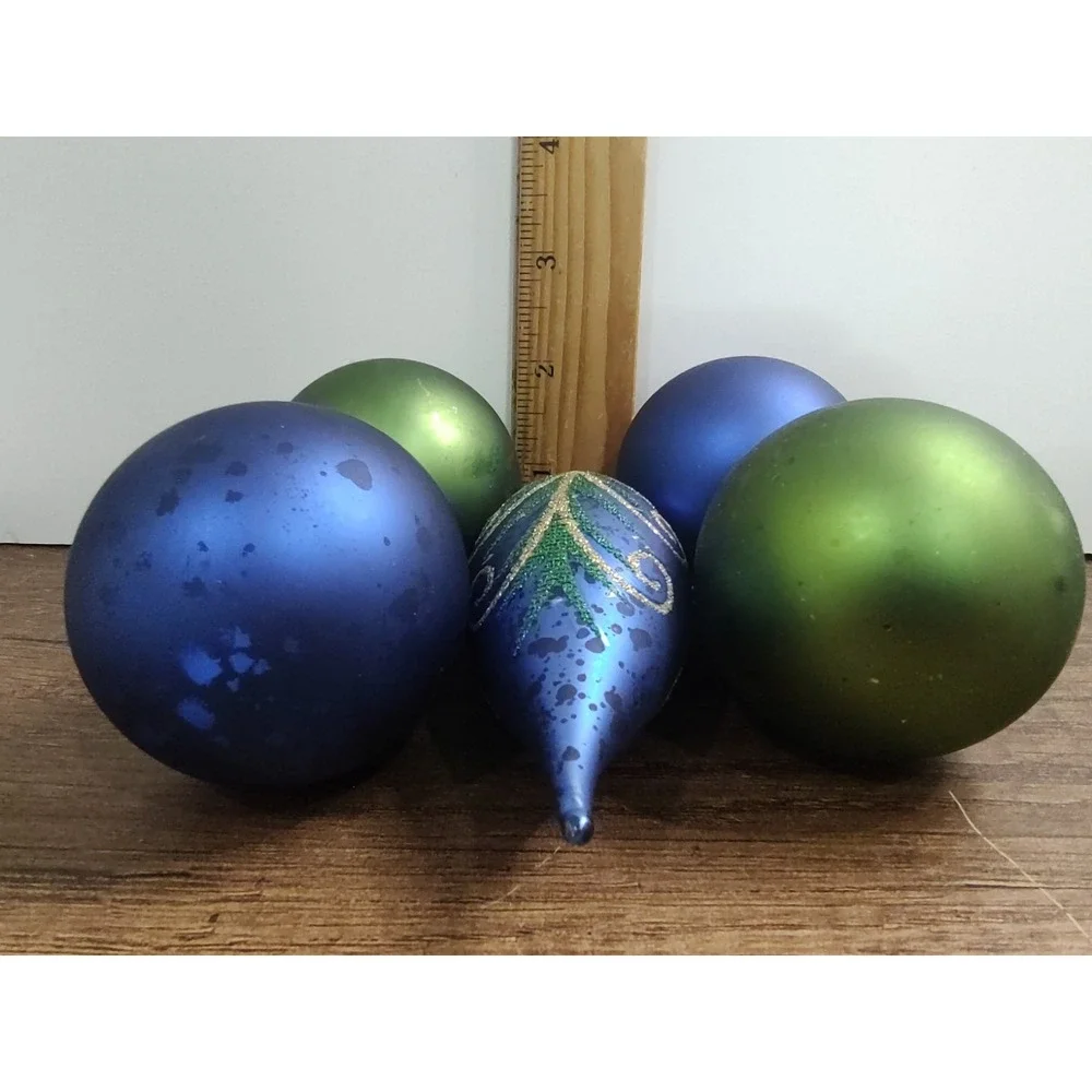 Glitter Peacock Feather Matte Green Blue Glass Christmas Ornament Lot Of 5 Vtg